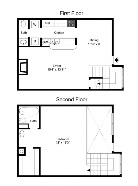Floor plan for 1 bed, 1.5 baths, 992 sqft